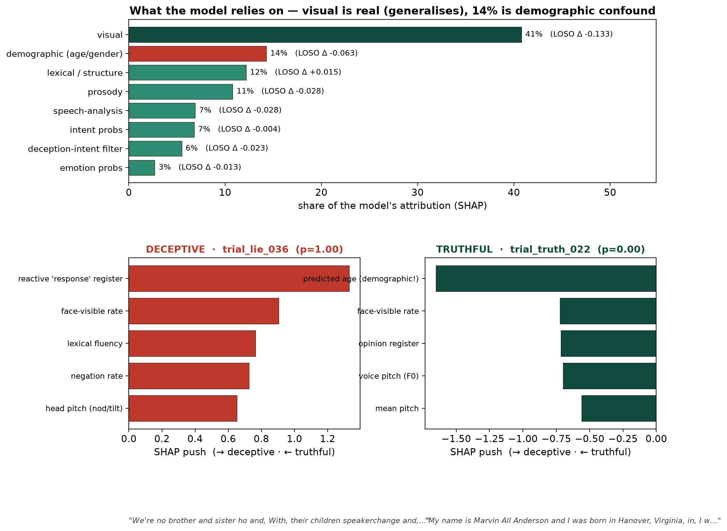 How the model decides. Top: SHAP attribution by feature family β visual behaviour dominates and generalises, but 14% is a demographic-prediction confound. Bottom: per clip, a deceptive verdict is driven by a reactive register and negations, while a truthful verdict is driven largely by a demographic age guess.